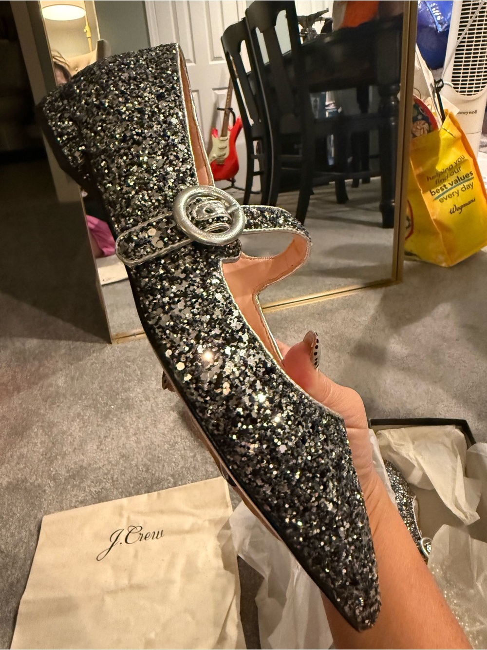 J. Crew Glitter Mary Jane Flats in Black and Silver